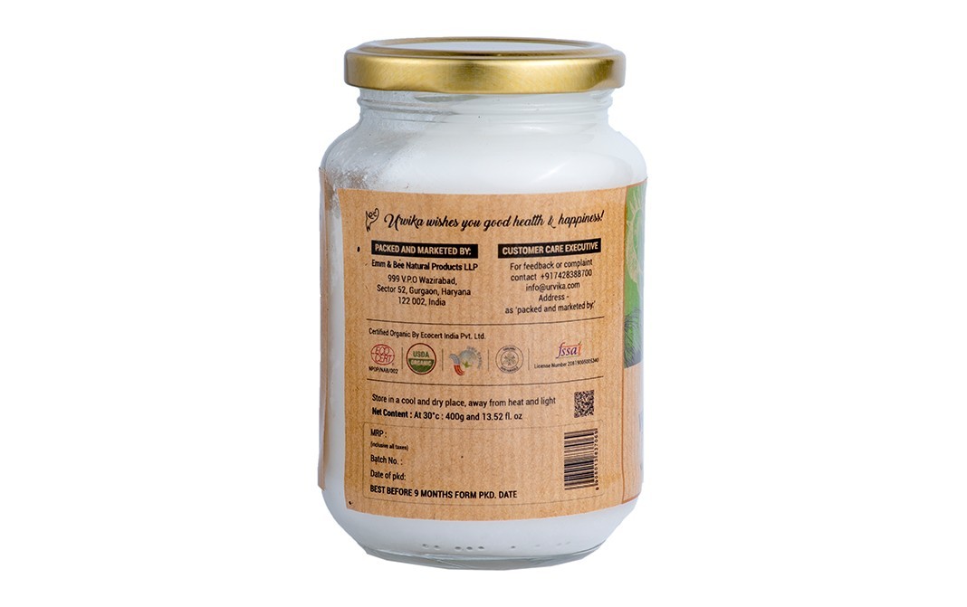 Urvika Virgin Coconut Oil Organic Cold Pressed   Plastic Jar  400 grams